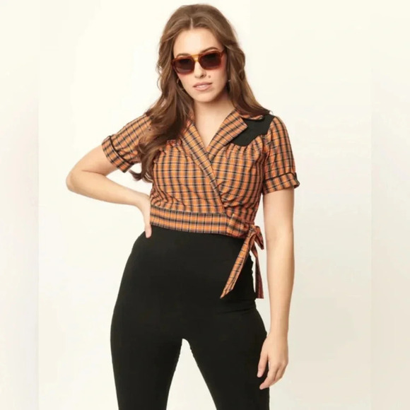 🦋B2G1🦋UNIQUE VINTAGE 50’s Western Black/Orange Plaid Wrap Star Crop Top NWT - Picture 1 of 10